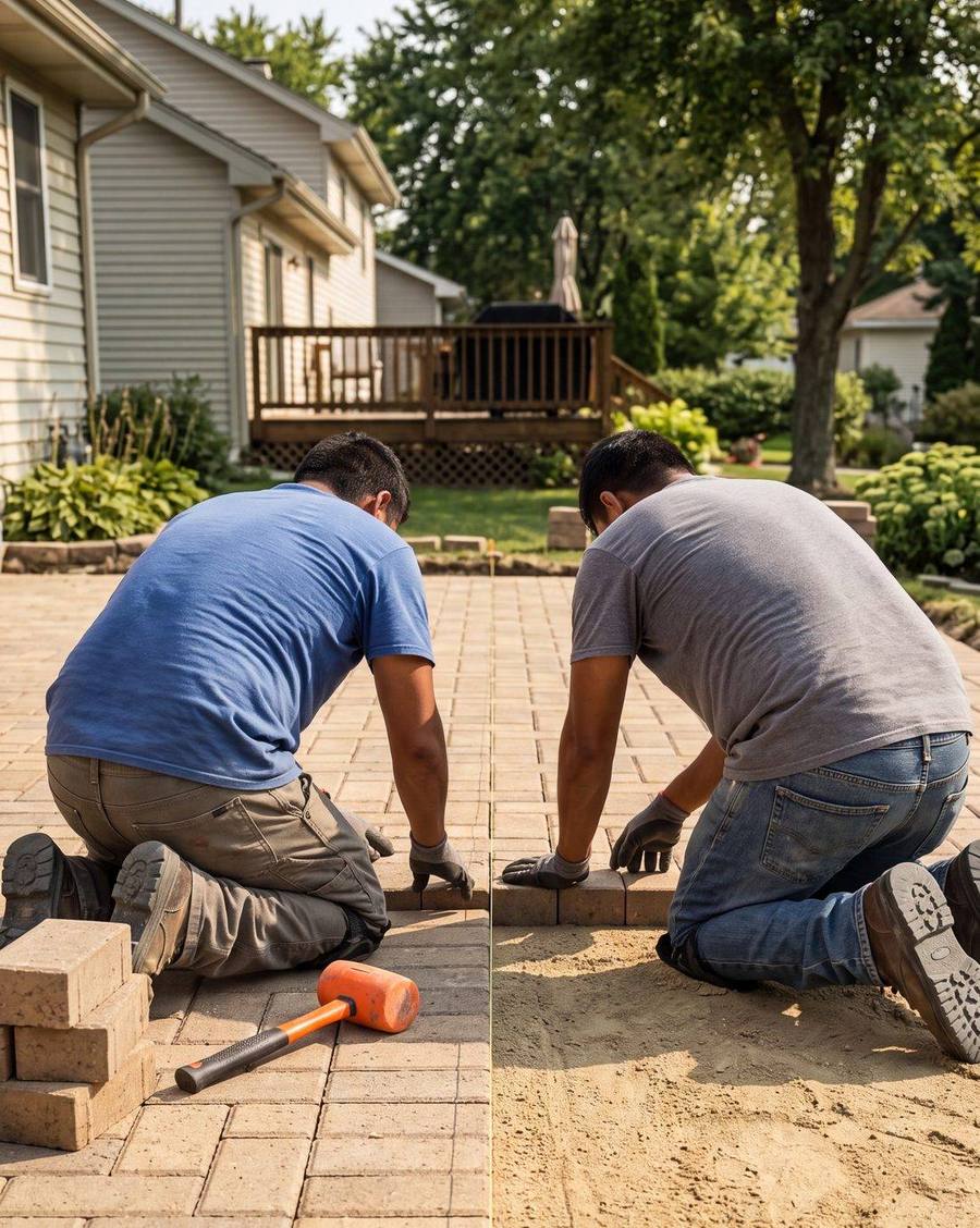 Landscape crew installing brick pavers